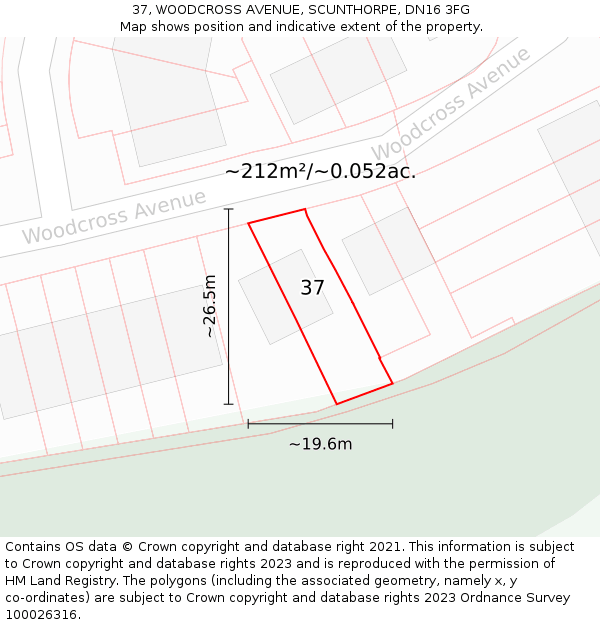 37, WOODCROSS AVENUE, SCUNTHORPE, DN16 3FG: Plot and title map