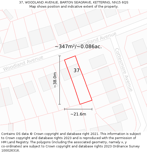 37, WOODLAND AVENUE, BARTON SEAGRAVE, KETTERING, NN15 6QS: Plot and title map