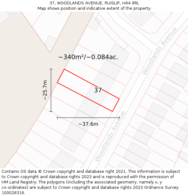37, WOODLANDS AVENUE, RUISLIP, HA4 9RL: Plot and title map