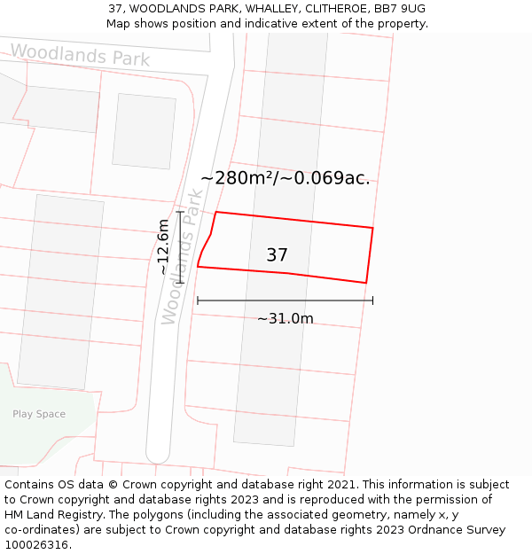 37, WOODLANDS PARK, WHALLEY, CLITHEROE, BB7 9UG: Plot and title map