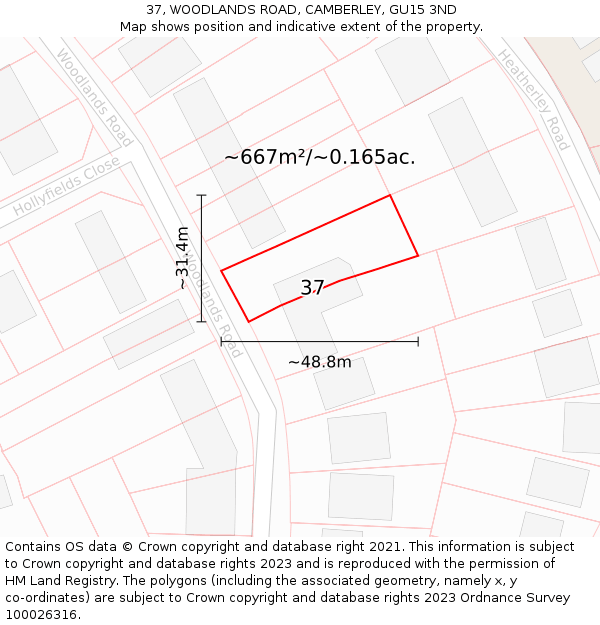 37, WOODLANDS ROAD, CAMBERLEY, GU15 3ND: Plot and title map