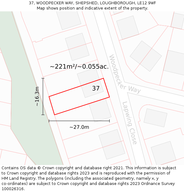 37, WOODPECKER WAY, SHEPSHED, LOUGHBOROUGH, LE12 9WF: Plot and title map