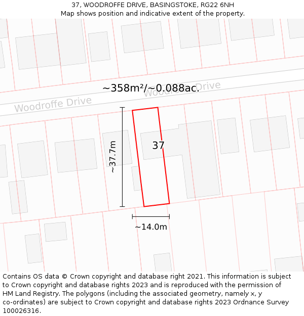 37, WOODROFFE DRIVE, BASINGSTOKE, RG22 6NH: Plot and title map