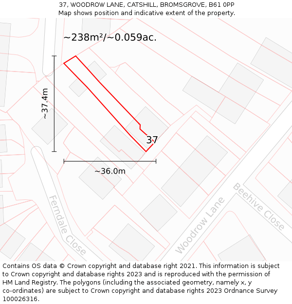 37, WOODROW LANE, CATSHILL, BROMSGROVE, B61 0PP: Plot and title map