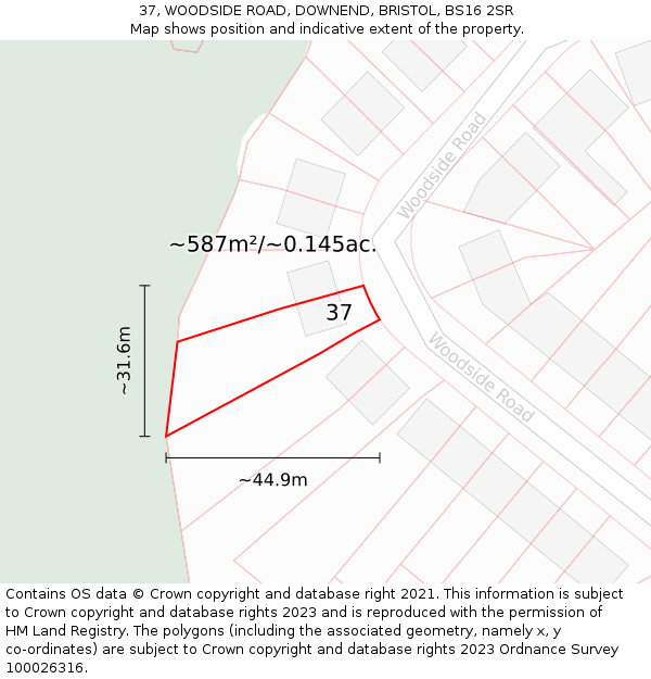 37, WOODSIDE ROAD, DOWNEND, BRISTOL, BS16 2SR: Plot and title map