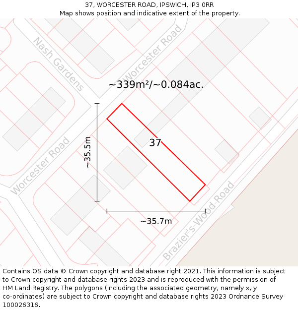 37, WORCESTER ROAD, IPSWICH, IP3 0RR: Plot and title map