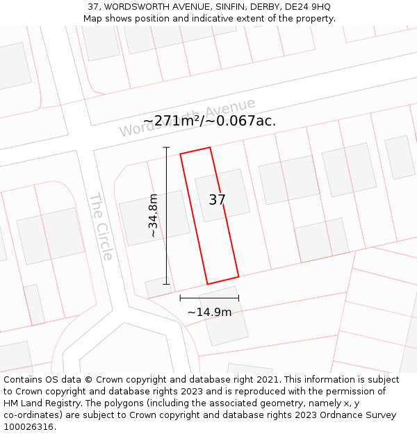 37, WORDSWORTH AVENUE, SINFIN, DERBY, DE24 9HQ: Plot and title map
