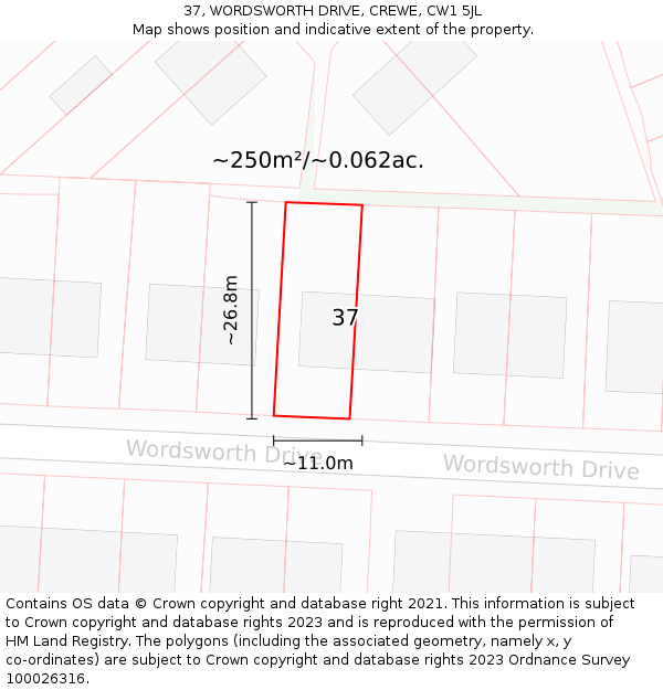 37, WORDSWORTH DRIVE, CREWE, CW1 5JL: Plot and title map