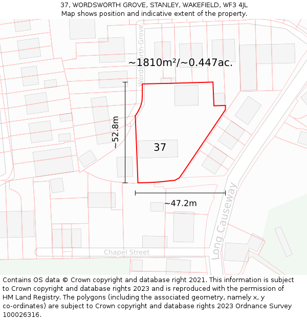 37, WORDSWORTH GROVE, STANLEY, WAKEFIELD, WF3 4JL: Plot and title map