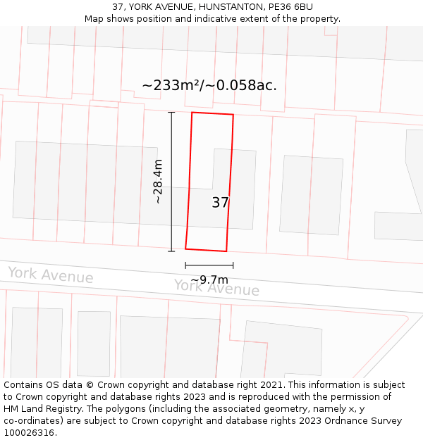 37, YORK AVENUE, HUNSTANTON, PE36 6BU: Plot and title map