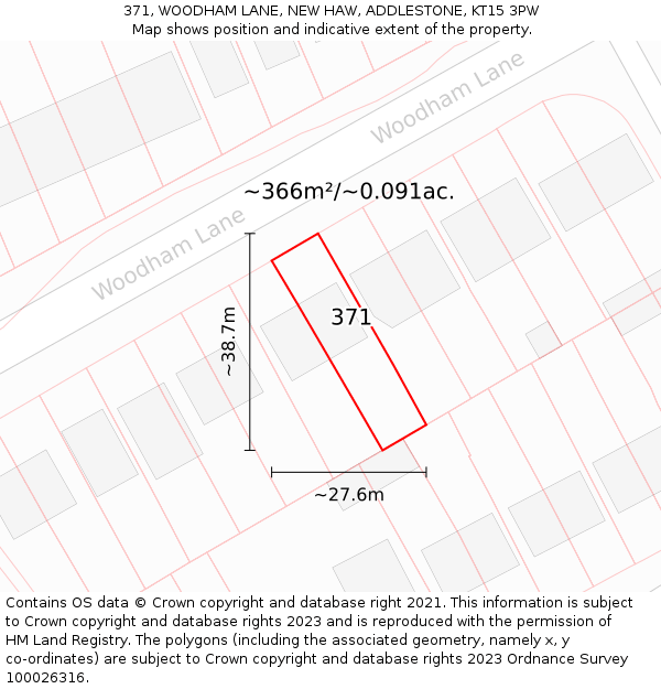 371, WOODHAM LANE, NEW HAW, ADDLESTONE, KT15 3PW: Plot and title map