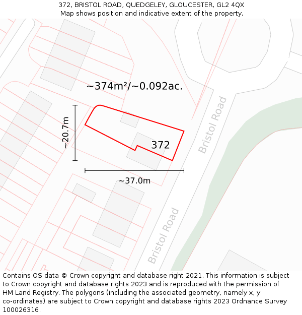 372, BRISTOL ROAD, QUEDGELEY, GLOUCESTER, GL2 4QX: Plot and title map
