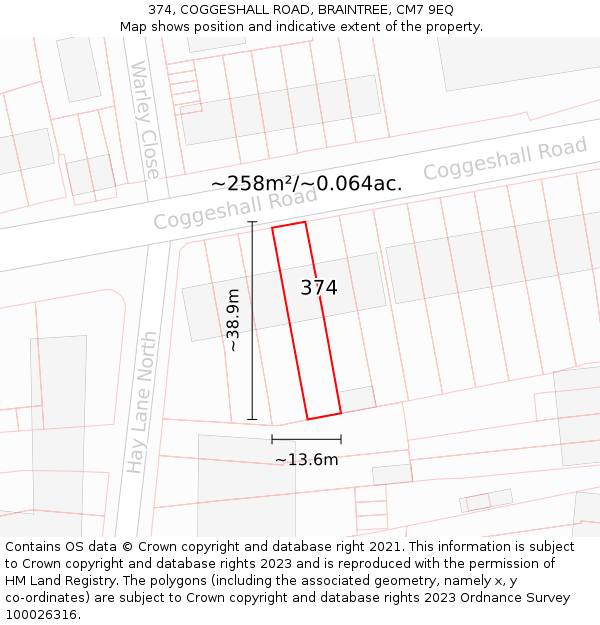 374, COGGESHALL ROAD, BRAINTREE, CM7 9EQ: Plot and title map