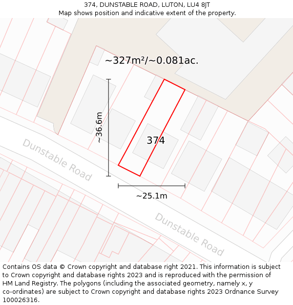 374, DUNSTABLE ROAD, LUTON, LU4 8JT: Plot and title map