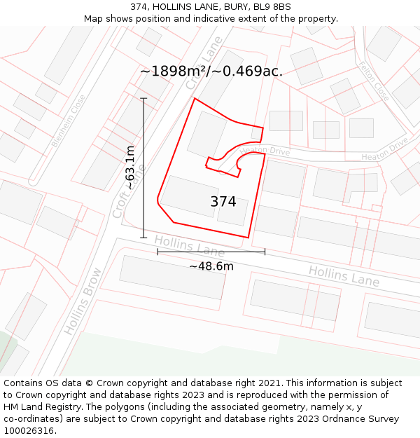 374, HOLLINS LANE, BURY, BL9 8BS: Plot and title map