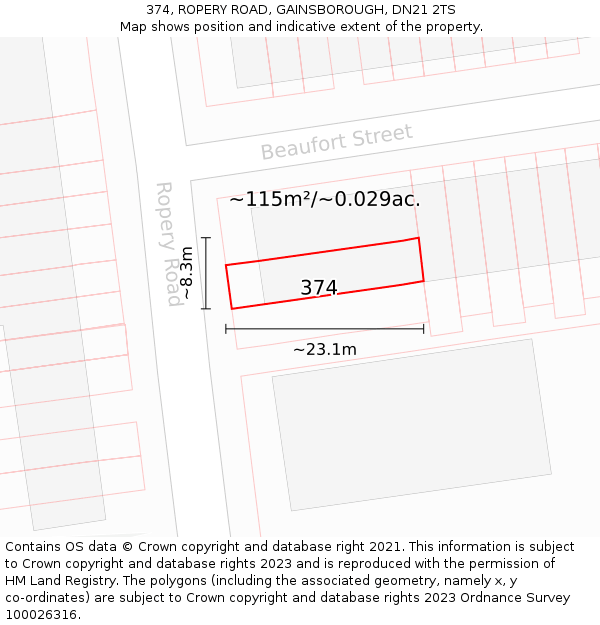 374, ROPERY ROAD, GAINSBOROUGH, DN21 2TS: Plot and title map