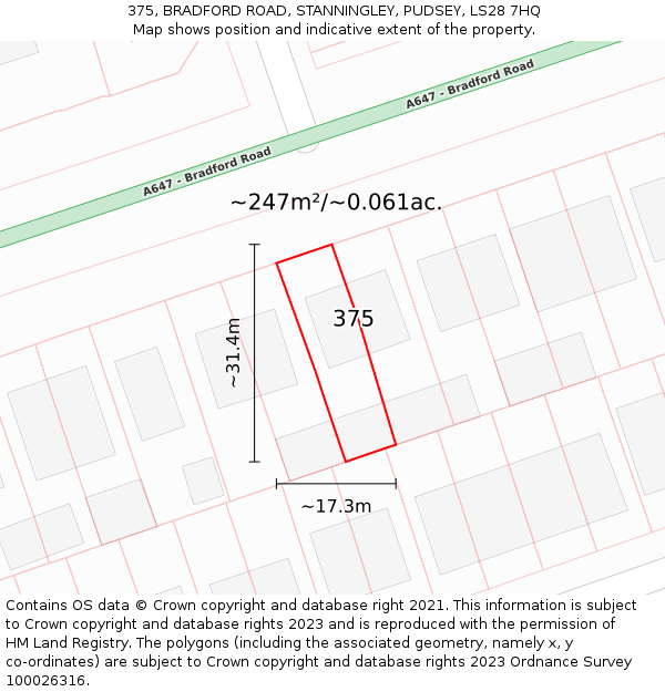 375, BRADFORD ROAD, STANNINGLEY, PUDSEY, LS28 7HQ: Plot and title map
