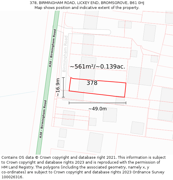 378, BIRMINGHAM ROAD, LICKEY END, BROMSGROVE, B61 0HJ: Plot and title map