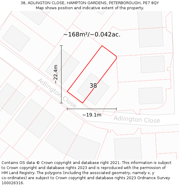 38, ADLINGTON CLOSE, HAMPTON GARDENS, PETERBOROUGH, PE7 8QY: Plot and title map