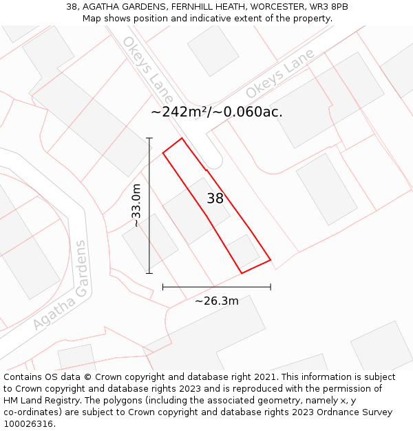 38, AGATHA GARDENS, FERNHILL HEATH, WORCESTER, WR3 8PB: Plot and title map
