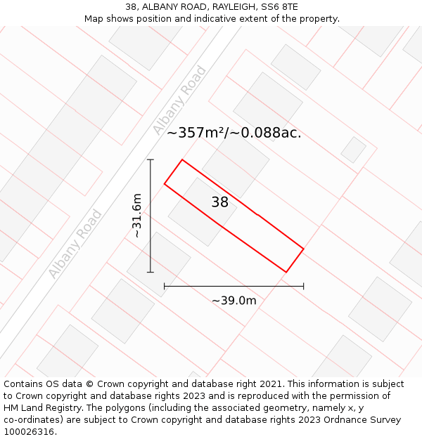 38, ALBANY ROAD, RAYLEIGH, SS6 8TE: Plot and title map