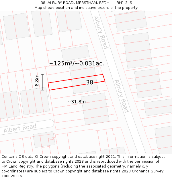 38, ALBURY ROAD, MERSTHAM, REDHILL, RH1 3LS: Plot and title map
