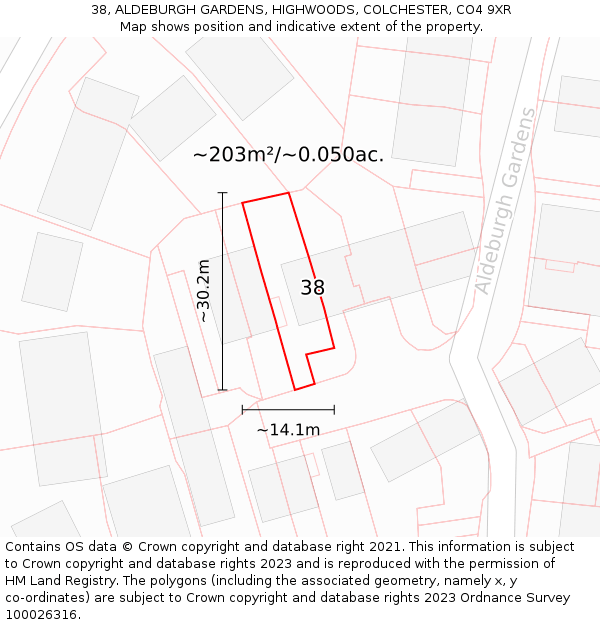 38, ALDEBURGH GARDENS, HIGHWOODS, COLCHESTER, CO4 9XR: Plot and title map