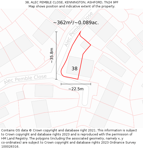 38, ALEC PEMBLE CLOSE, KENNINGTON, ASHFORD, TN24 9PF: Plot and title map