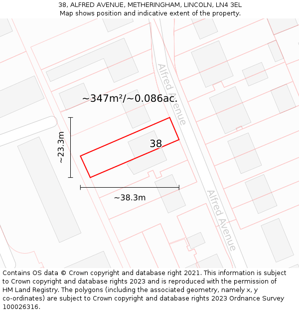 38, ALFRED AVENUE, METHERINGHAM, LINCOLN, LN4 3EL: Plot and title map