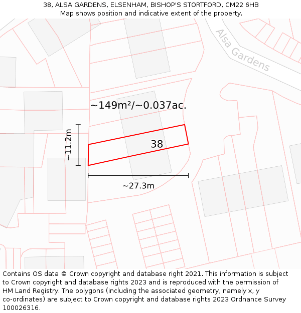 38, ALSA GARDENS, ELSENHAM, BISHOP'S STORTFORD, CM22 6HB: Plot and title map