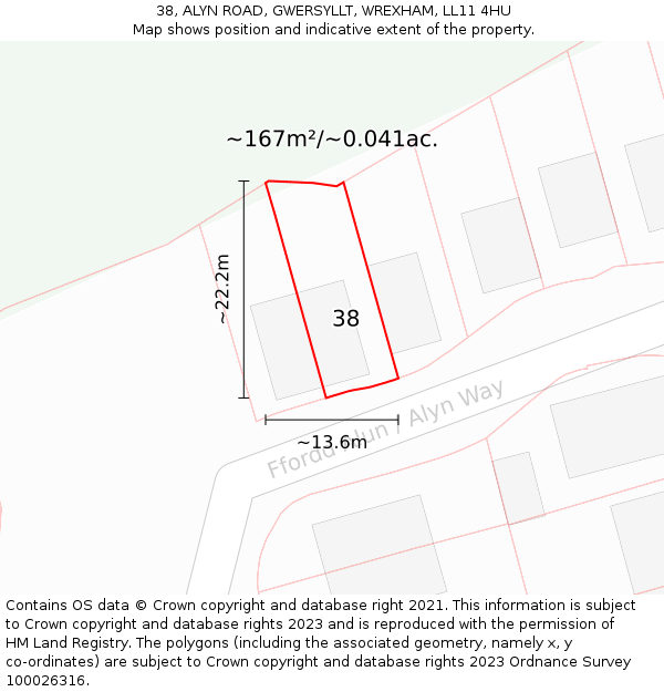 38, ALYN ROAD, GWERSYLLT, WREXHAM, LL11 4HU: Plot and title map