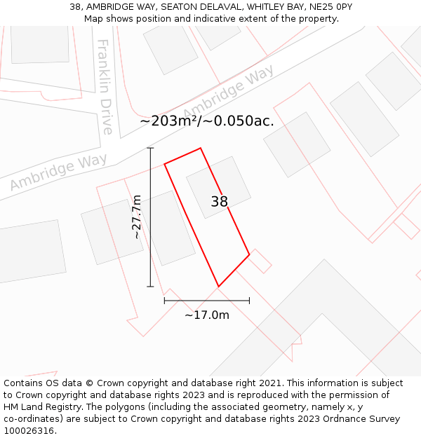 38, AMBRIDGE WAY, SEATON DELAVAL, WHITLEY BAY, NE25 0PY: Plot and title map