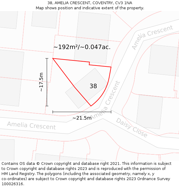 38, AMELIA CRESCENT, COVENTRY, CV3 1NA: Plot and title map