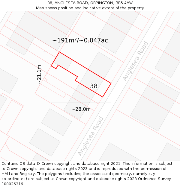 38, ANGLESEA ROAD, ORPINGTON, BR5 4AW: Plot and title map
