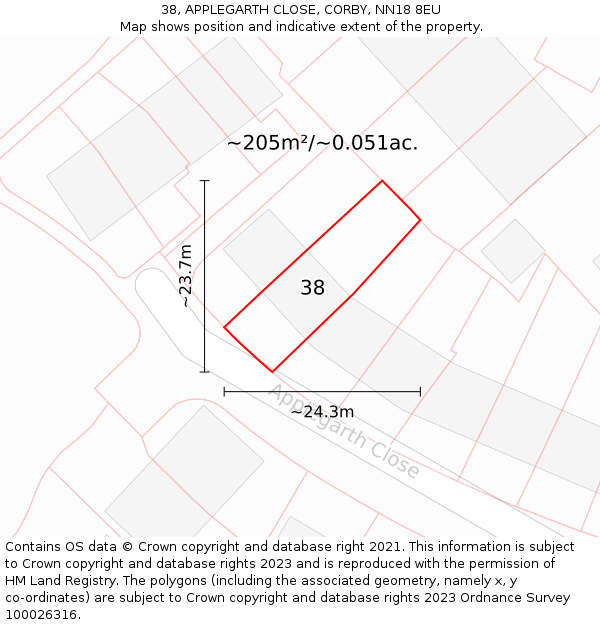 38, APPLEGARTH CLOSE, CORBY, NN18 8EU: Plot and title map