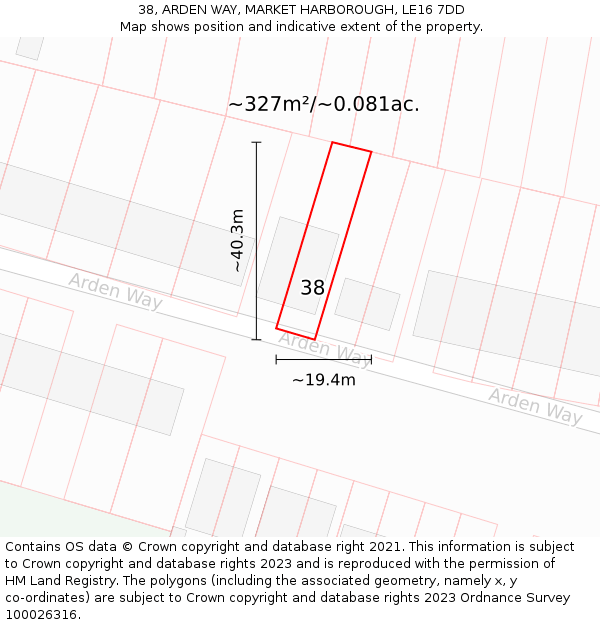 38, ARDEN WAY, MARKET HARBOROUGH, LE16 7DD: Plot and title map