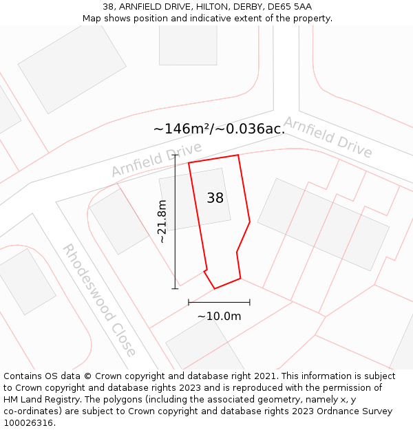 38, ARNFIELD DRIVE, HILTON, DERBY, DE65 5AA: Plot and title map