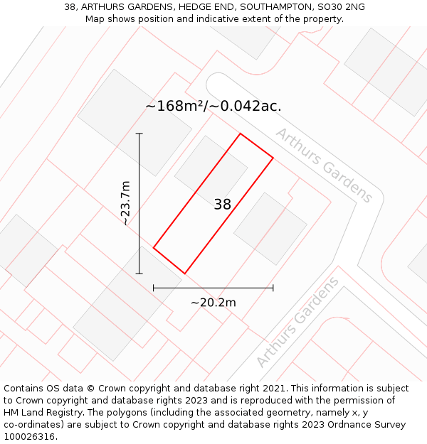 38, ARTHURS GARDENS, HEDGE END, SOUTHAMPTON, SO30 2NG: Plot and title map