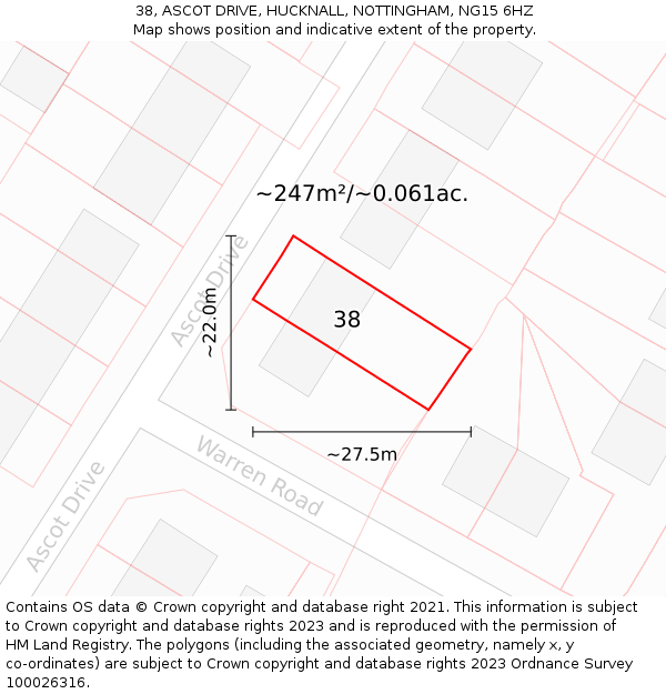 38, ASCOT DRIVE, HUCKNALL, NOTTINGHAM, NG15 6HZ: Plot and title map