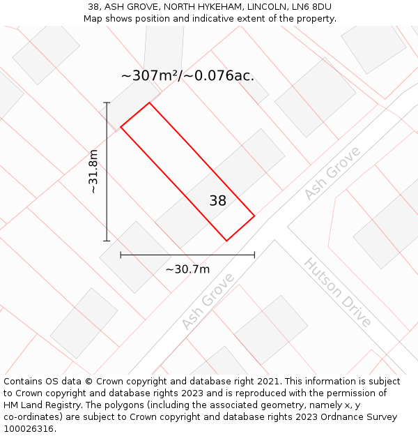 38, ASH GROVE, NORTH HYKEHAM, LINCOLN, LN6 8DU: Plot and title map