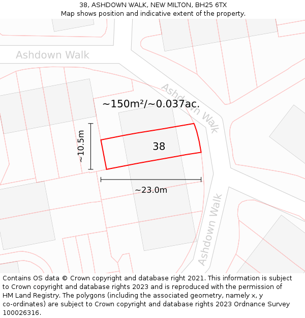 38, ASHDOWN WALK, NEW MILTON, BH25 6TX: Plot and title map