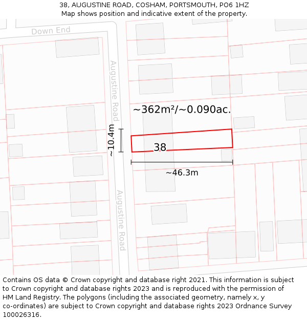 38, AUGUSTINE ROAD, COSHAM, PORTSMOUTH, PO6 1HZ: Plot and title map