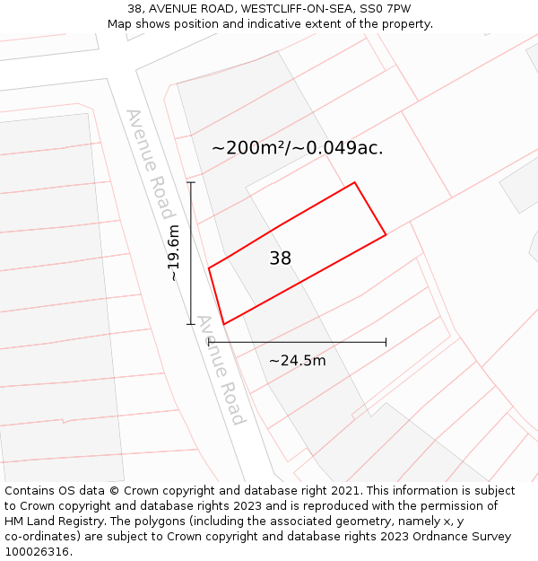 38, AVENUE ROAD, WESTCLIFF-ON-SEA, SS0 7PW: Plot and title map