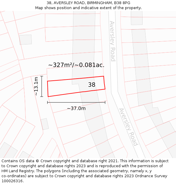 38, AVERSLEY ROAD, BIRMINGHAM, B38 8PG: Plot and title map