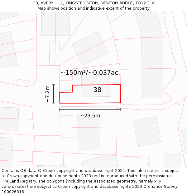 38, AVERY HILL, KINGSTEIGNTON, NEWTON ABBOT, TQ12 3LA: Plot and title map