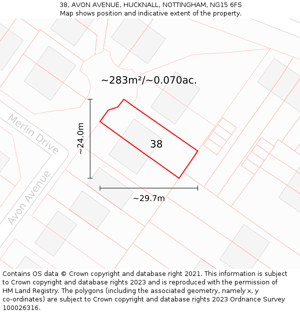 38, AVON AVENUE, HUCKNALL, NOTTINGHAM, NG15 6FS: Plot and title map