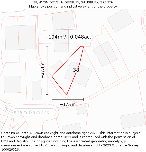38, AVON DRIVE, ALDERBURY, SALISBURY, SP5 3TA: Plot and title map