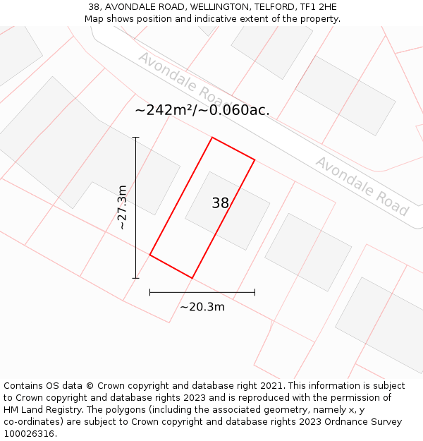 38, AVONDALE ROAD, WELLINGTON, TELFORD, TF1 2HE: Plot and title map