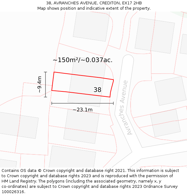 38, AVRANCHES AVENUE, CREDITON, EX17 2HB: Plot and title map