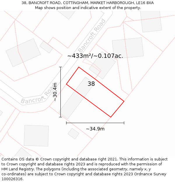 38, BANCROFT ROAD, COTTINGHAM, MARKET HARBOROUGH, LE16 8XA: Plot and title map